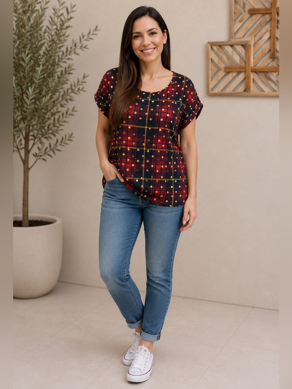 Rene Ricci Women’s Plaid Multicolor Sleeveless Top Shirt With Gold Dots Size XL